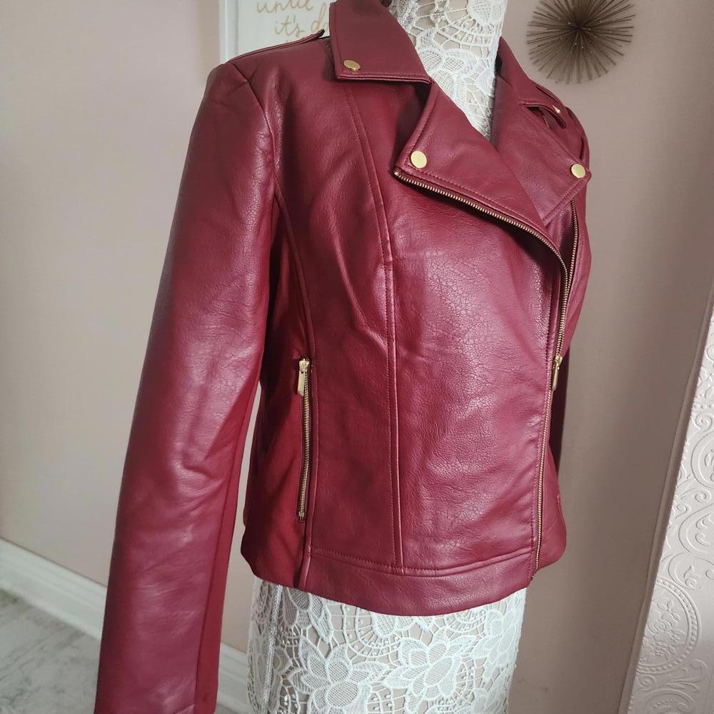 NWOT Rachel Hollis faux leather fabric mix moto jacket deep red 14